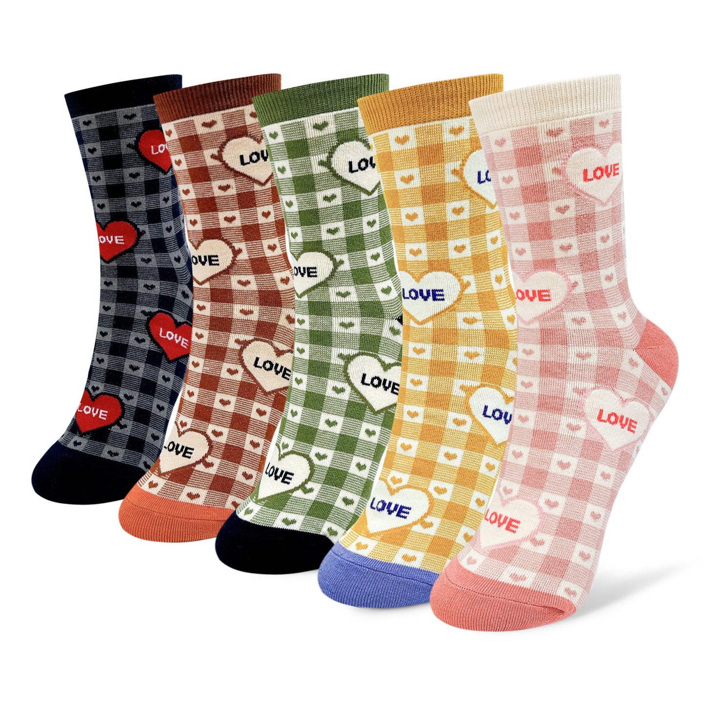 Women's Heart & Check Pattern Crew Socks - 5 PK