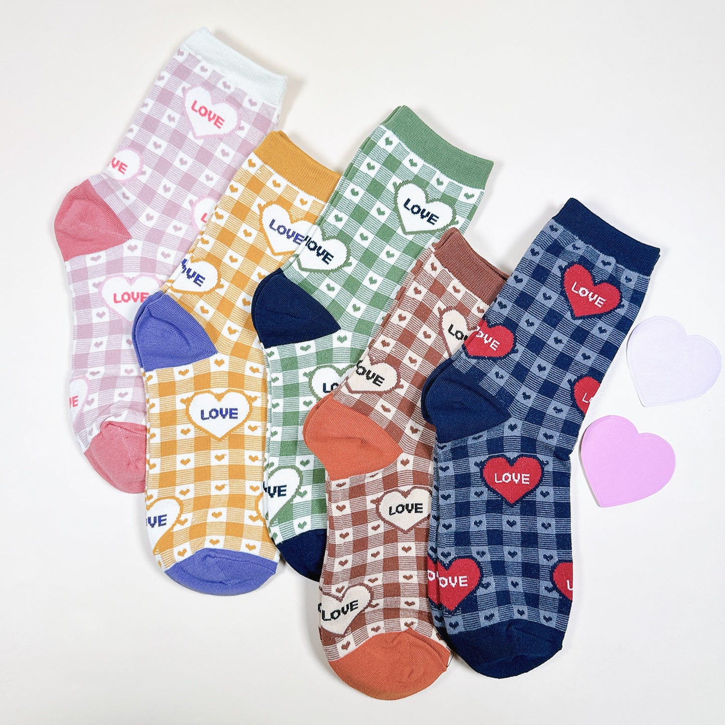 Women's Heart & Check Pattern Crew Socks - 5 PK