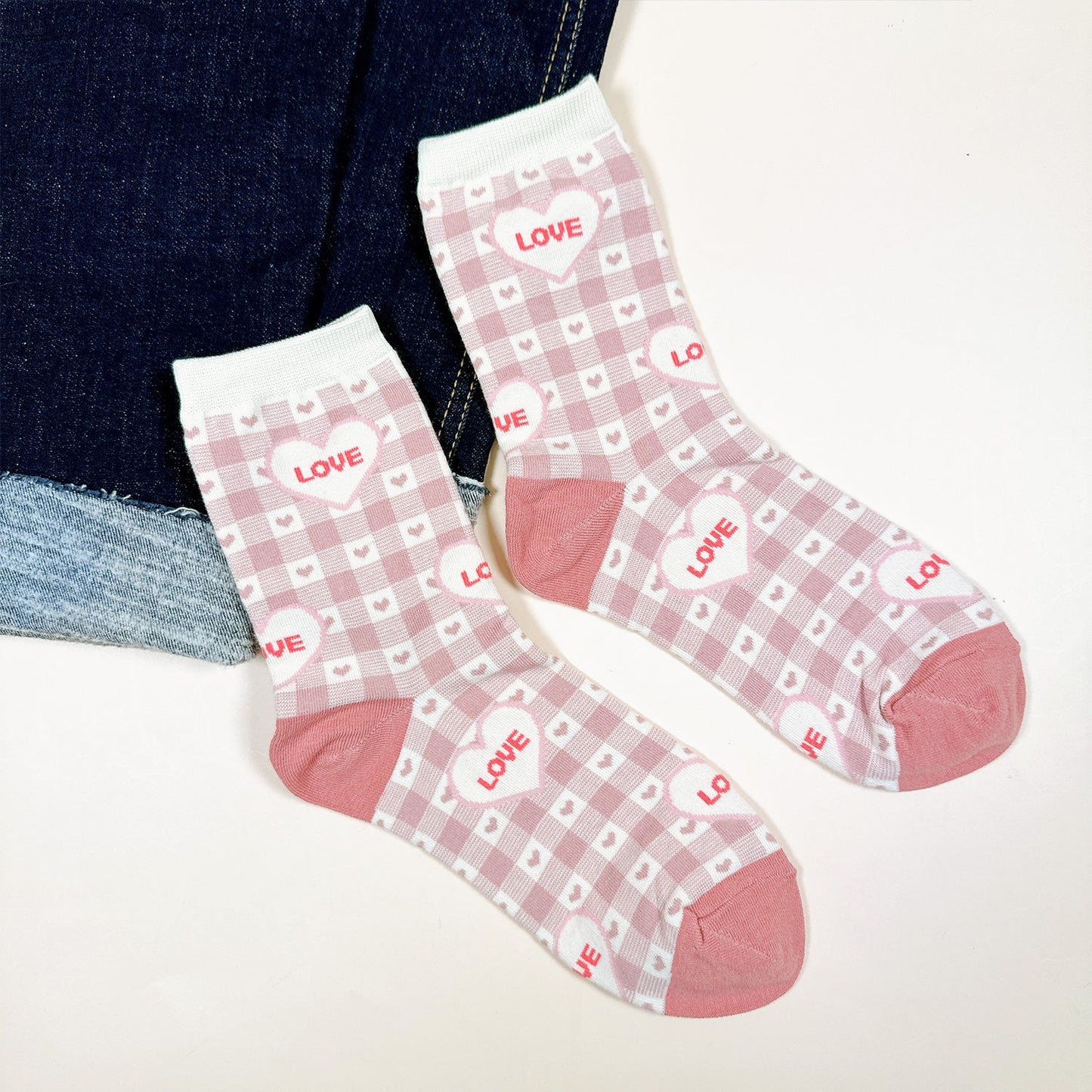 Women's Heart & Check Pattern Crew Socks - 5 PK