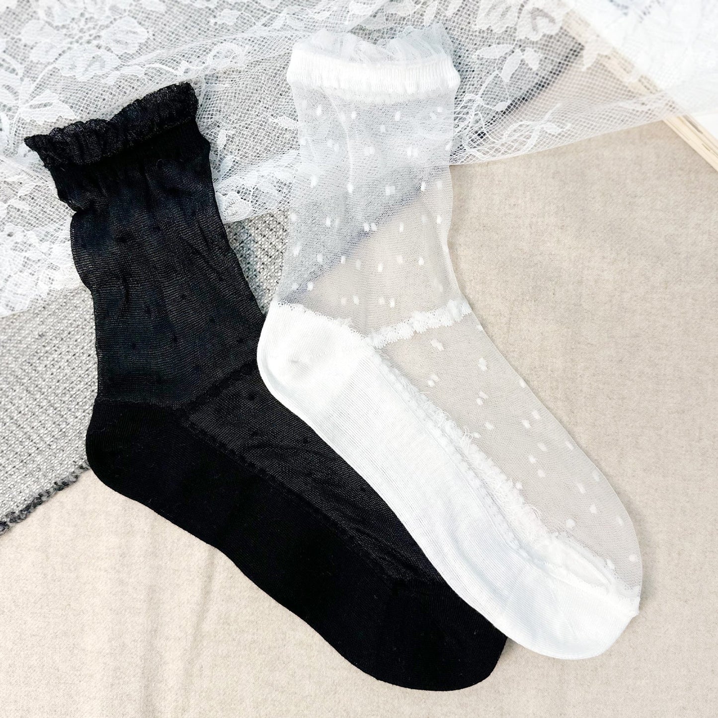 Women's Ankle See-Through Dot Lace Socks - 2 PK