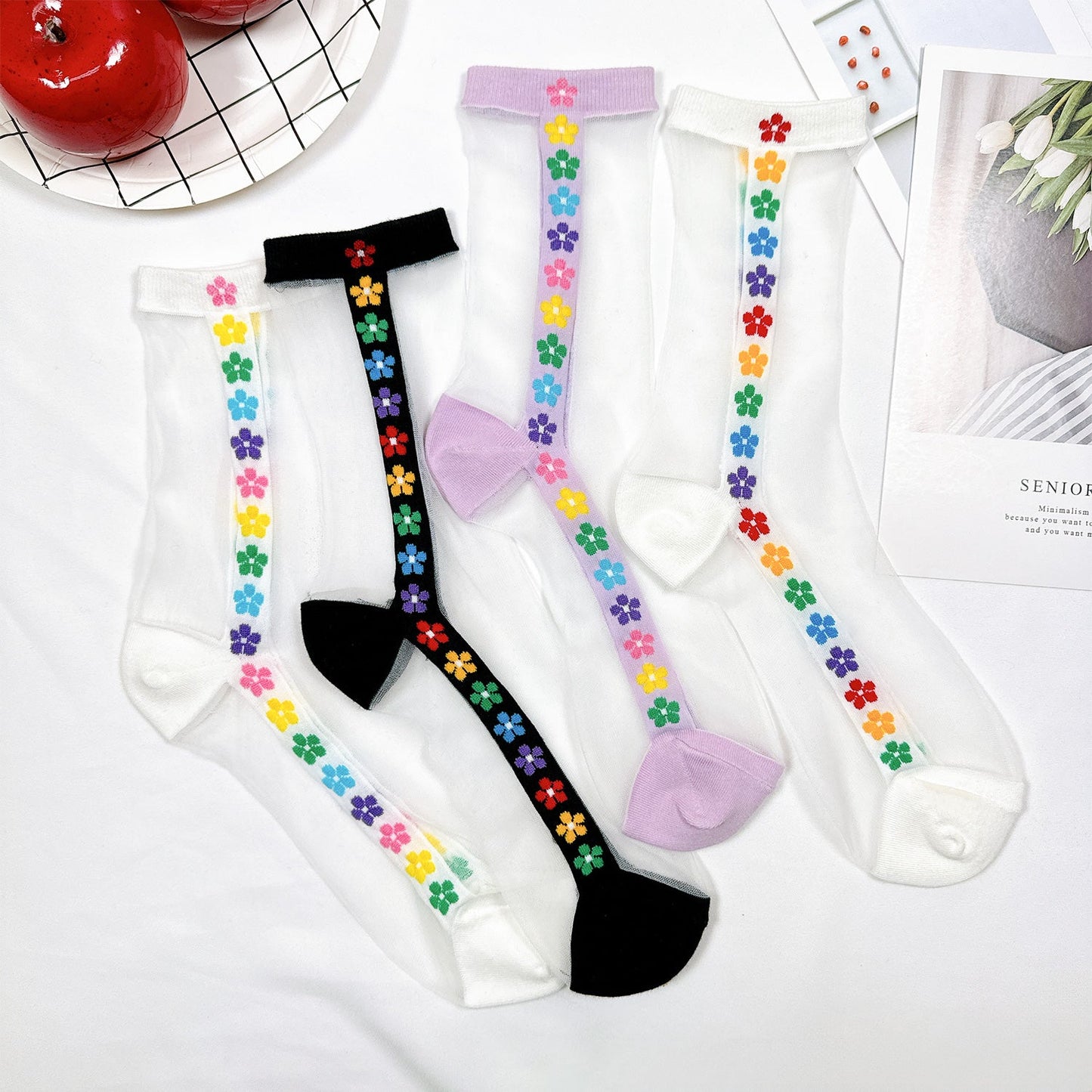 Women's Crew See-Through Rainbow Flower Socks - 4 PK