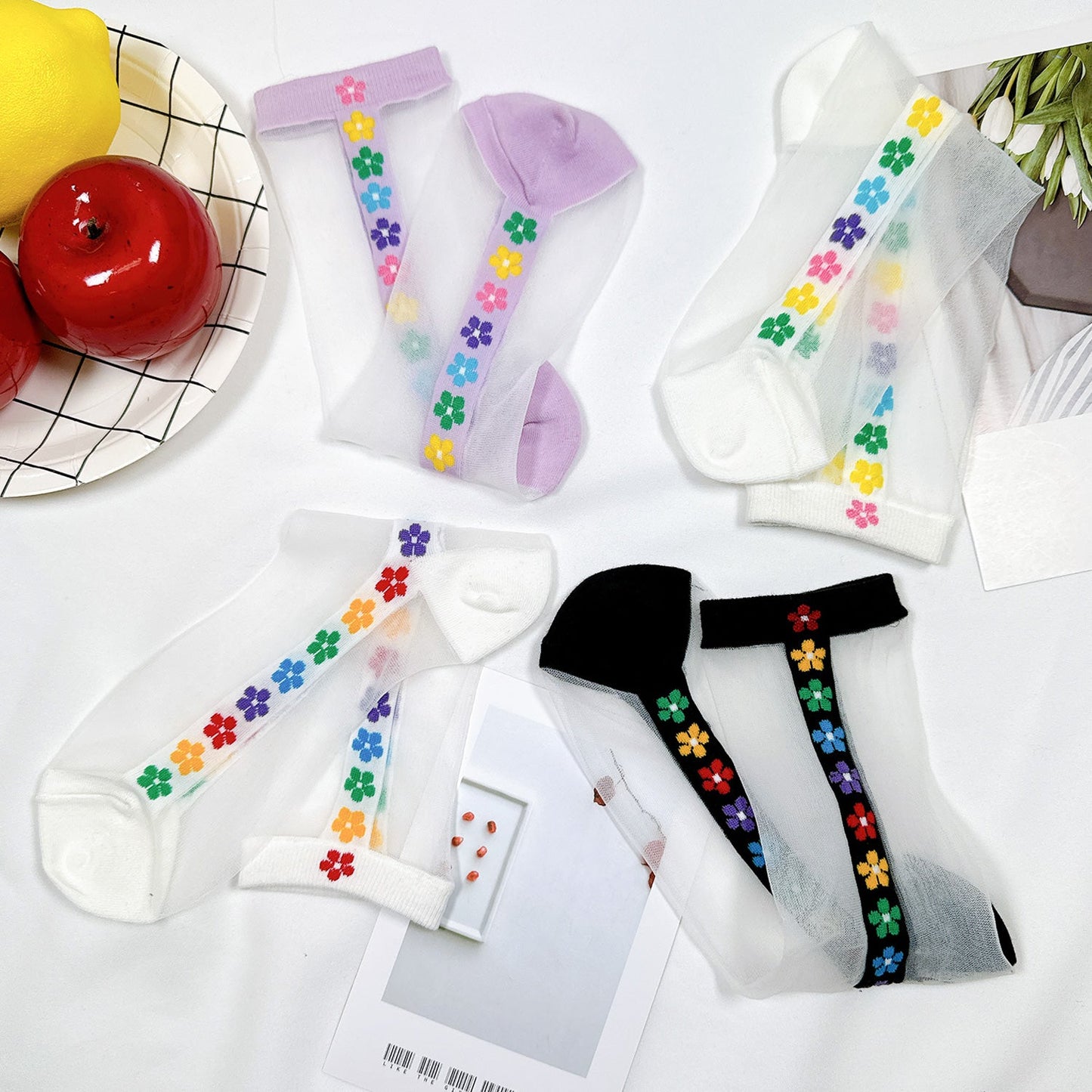 Women's Crew See-Through Rainbow Flower Socks - 4 PK