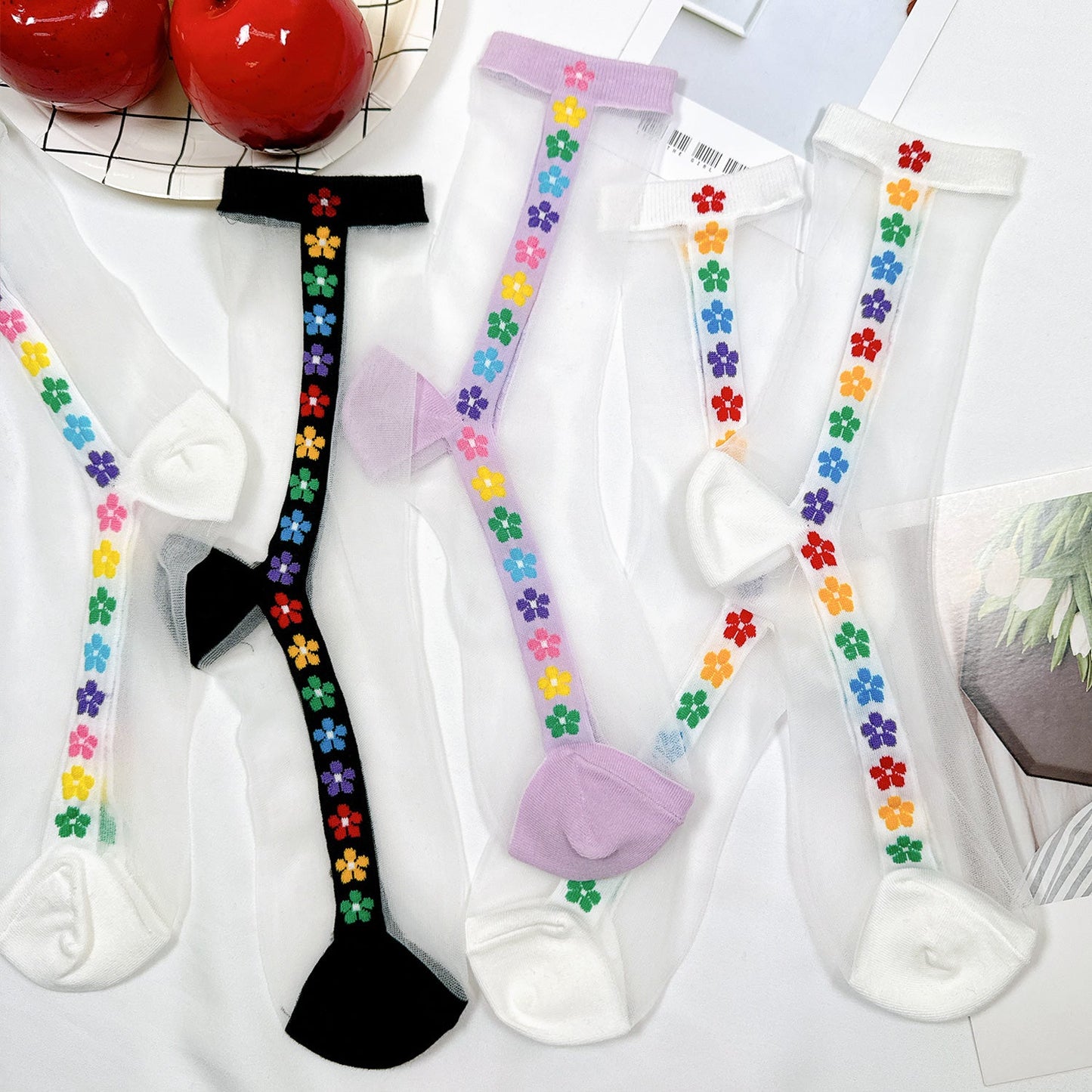 Women's Crew See-Through Rainbow Flower Socks - 4 PK
