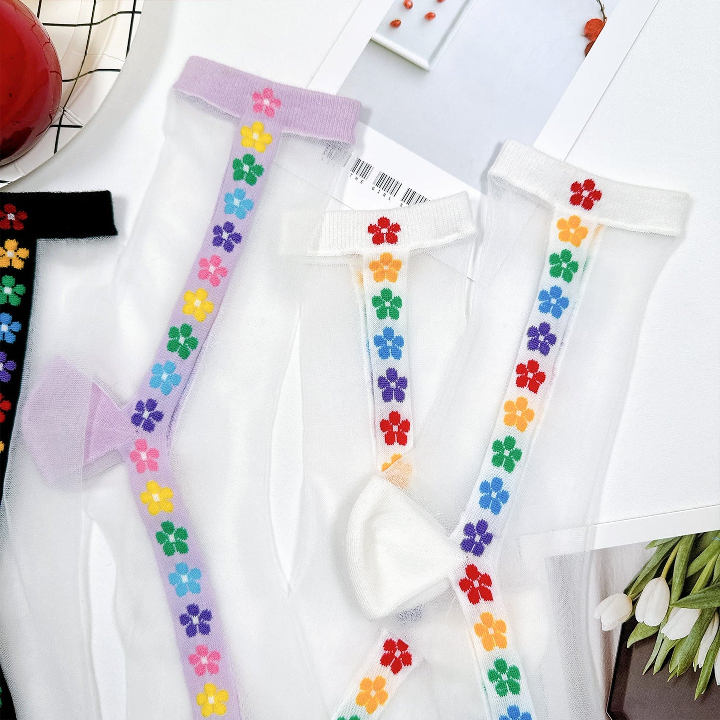 Women's Crew See-Through Rainbow Flower Socks - 4 PK
