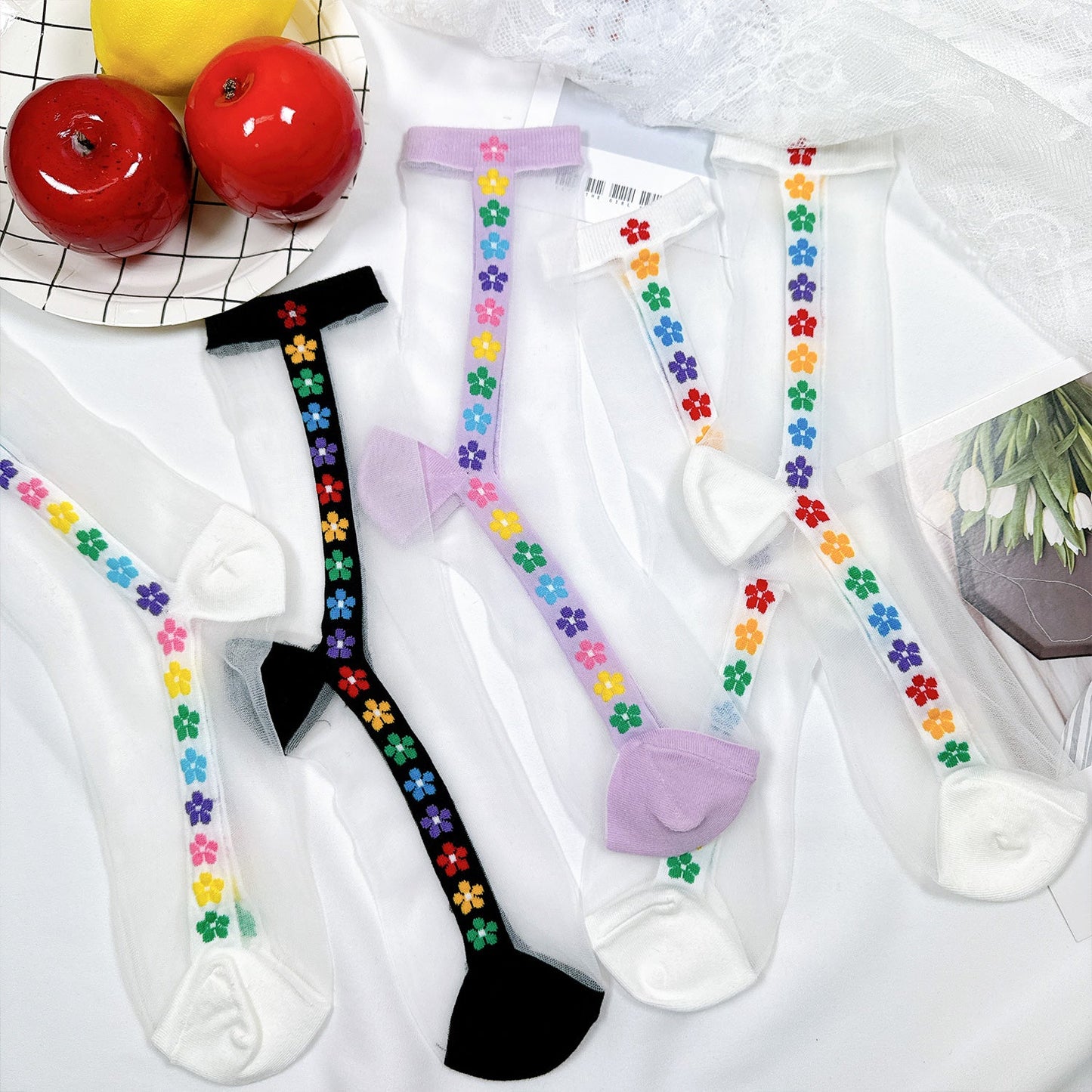 Women's Crew See-Through Rainbow Flower Socks - 4 PK