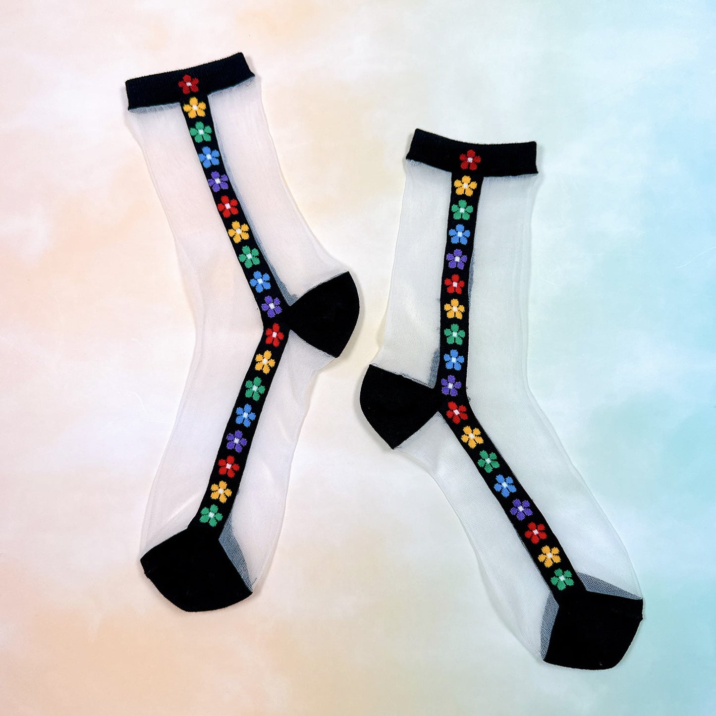 Women's Crew See-Through Rainbow Flower Socks - 4 PK