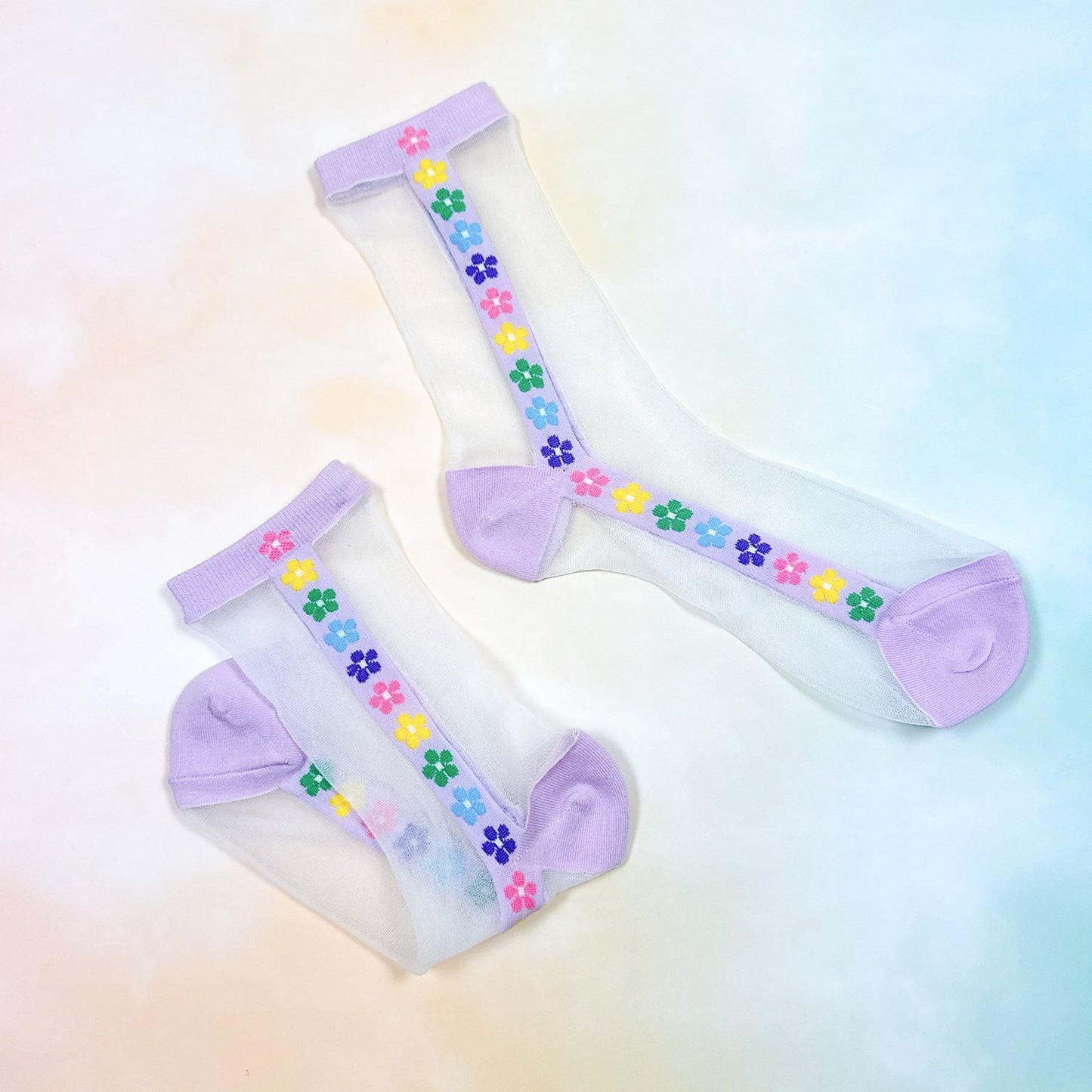 Women's Crew See-Through Rainbow Flower Socks - 4 PK
