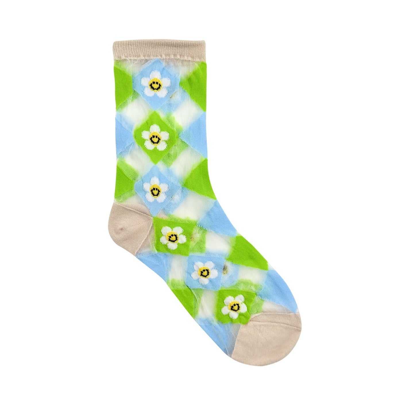 Women's Crew See-Through Smile Flower Argyle Socks - 4 PK