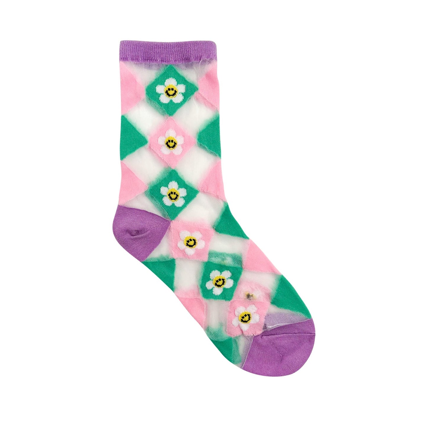 Women's Crew See-Through Smile Flower Argyle Socks - 4 PK