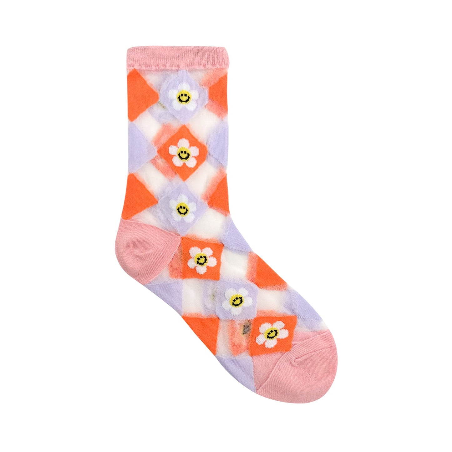 Women's Crew See-Through Smile Flower Argyle Socks - 4 PK