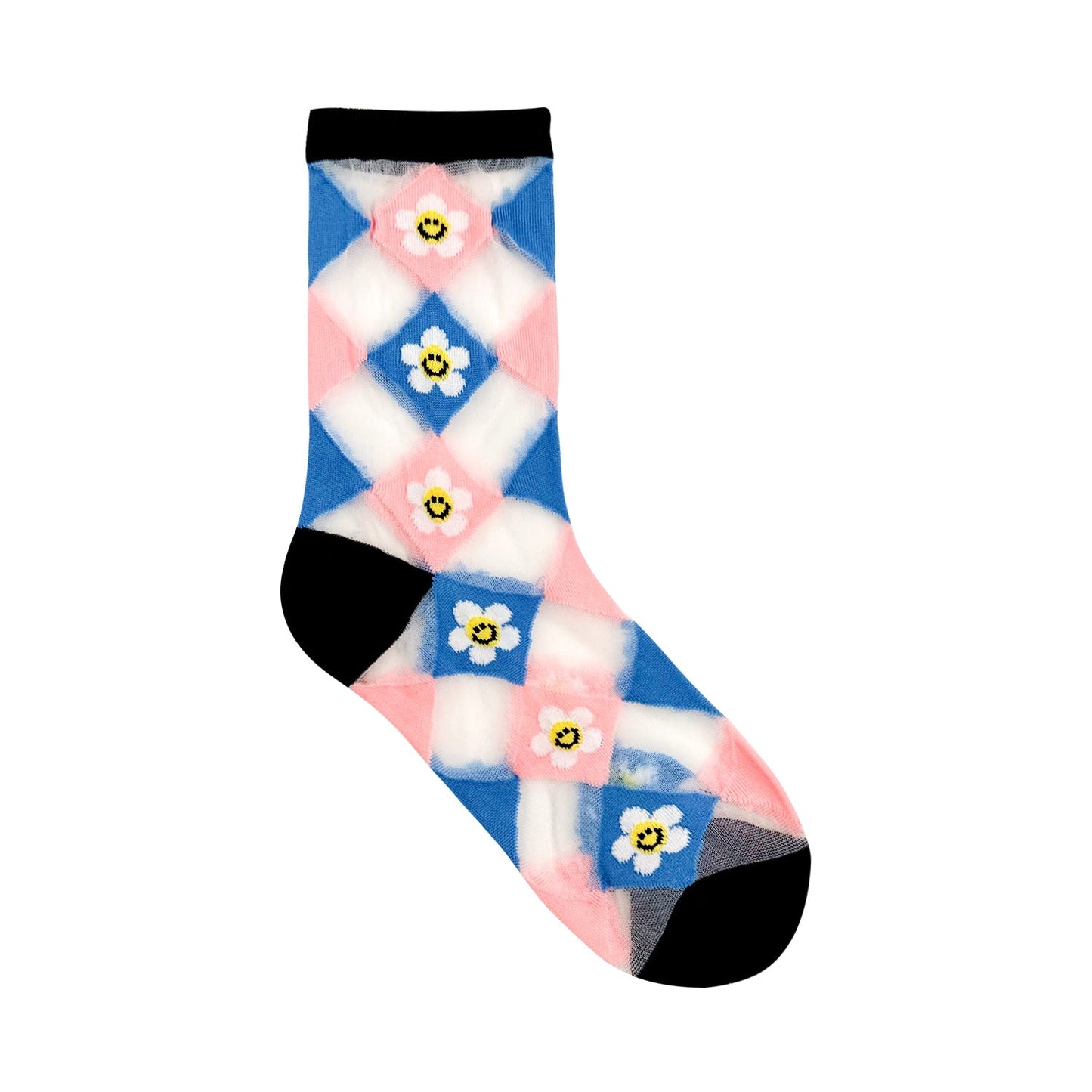 Women's Crew See-Through Smile Flower Argyle Socks - 4 PK