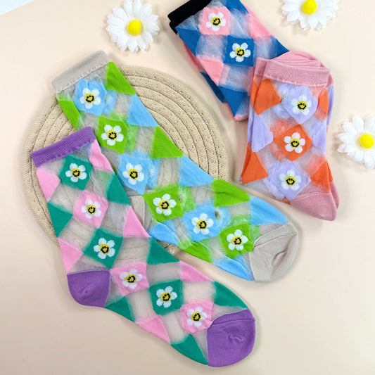 Women's Crew See-Through Smile Flower Argyle Socks - 4 PK