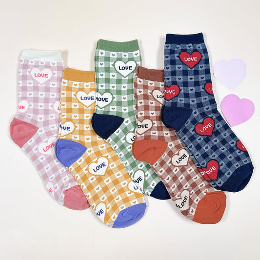 Women's Heart & Check Pattern Crew Socks - 5 PK