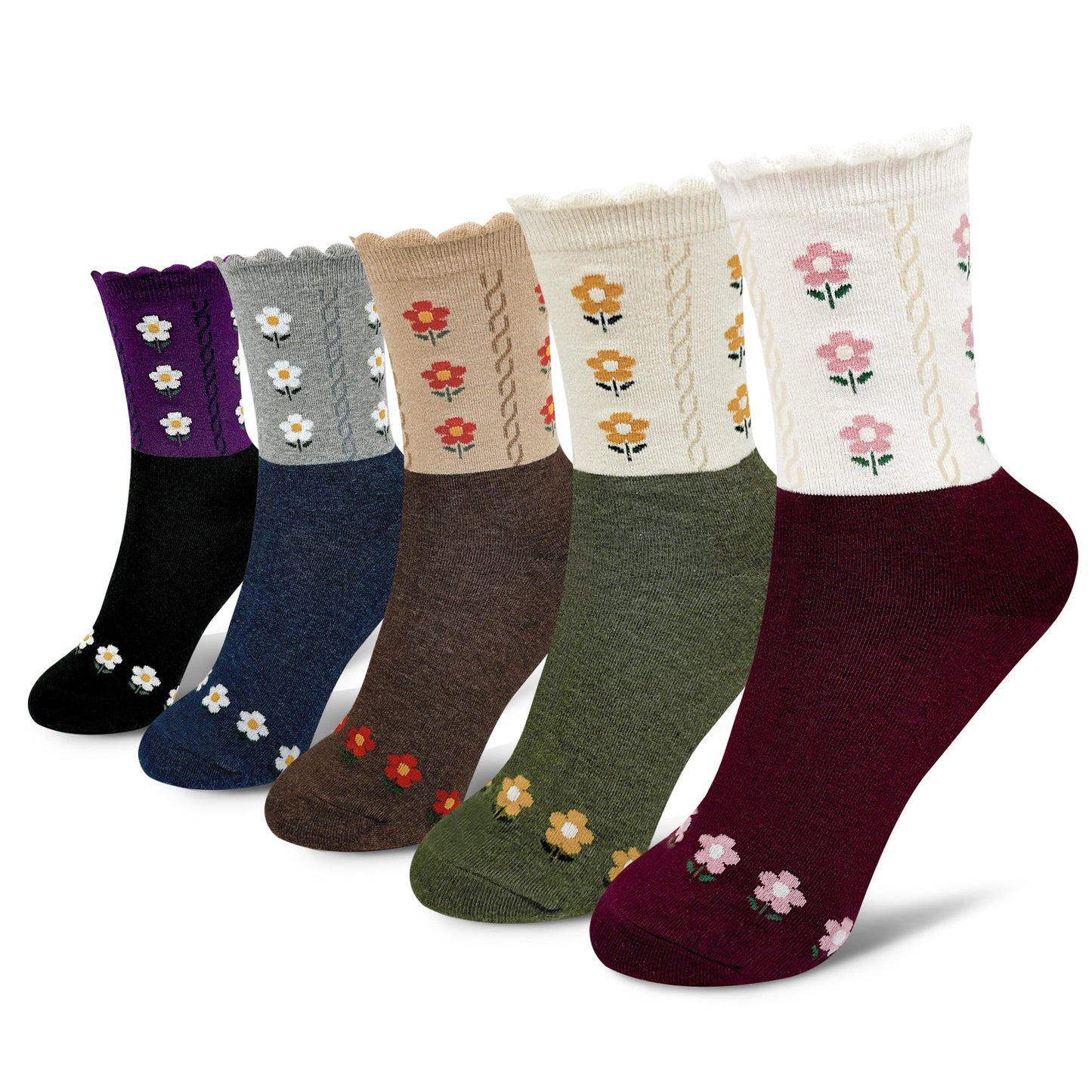 Women's Picot Flower Pattern Crew Socks - 5 PK